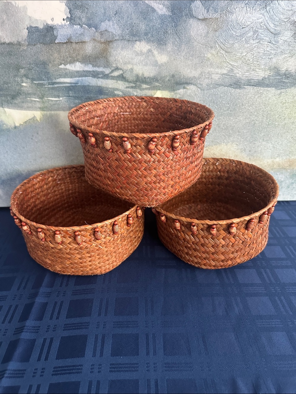 Set of 3 Woven Brown Baskets with Bead Embellishments
